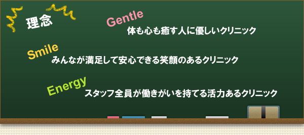 【理念】 Gentle 体も心も癒す人に優しいクリニック　Smile みんなが満足して安心できる笑顔のあるクリニック　Energy スタッフ全員が働きがいを持てる活力あるクリニック